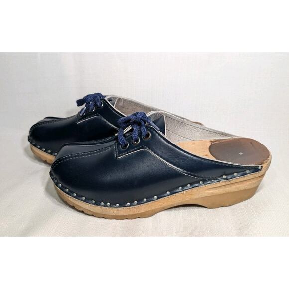Troentorp Bastad Vintage Navy Blue Laces Leather Clogs Made In Sweden Sz 37 - Picture 2 of 6